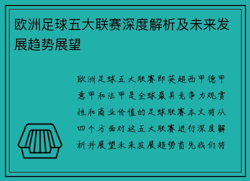 欧洲足球五大联赛深度解析及未来发展趋势展望