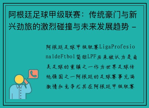 阿根廷足球甲级联赛：传统豪门与新兴劲旅的激烈碰撞与未来发展趋势 - 副本