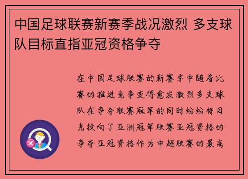 中国足球联赛新赛季战况激烈 多支球队目标直指亚冠资格争夺